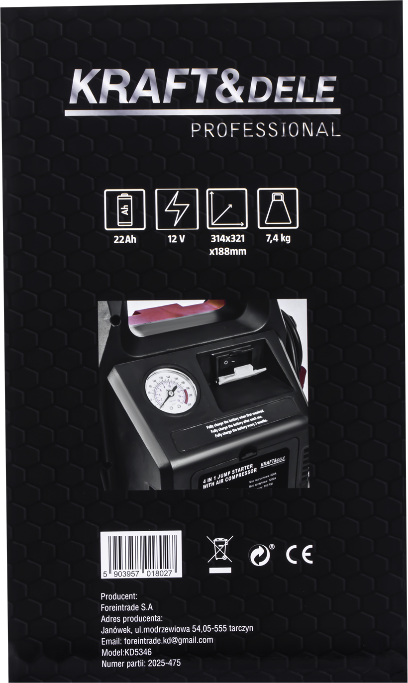 Käivitusseade 4in1 1200/600A 22Ah 12V + valgustus + kompressor KD5346