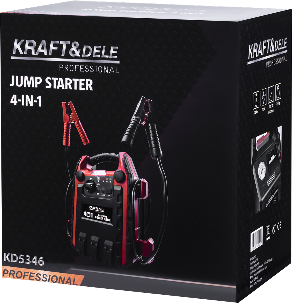 Käivitusseade 4in1 1200/600A 22Ah 12V + valgustus + kompressor KD5346