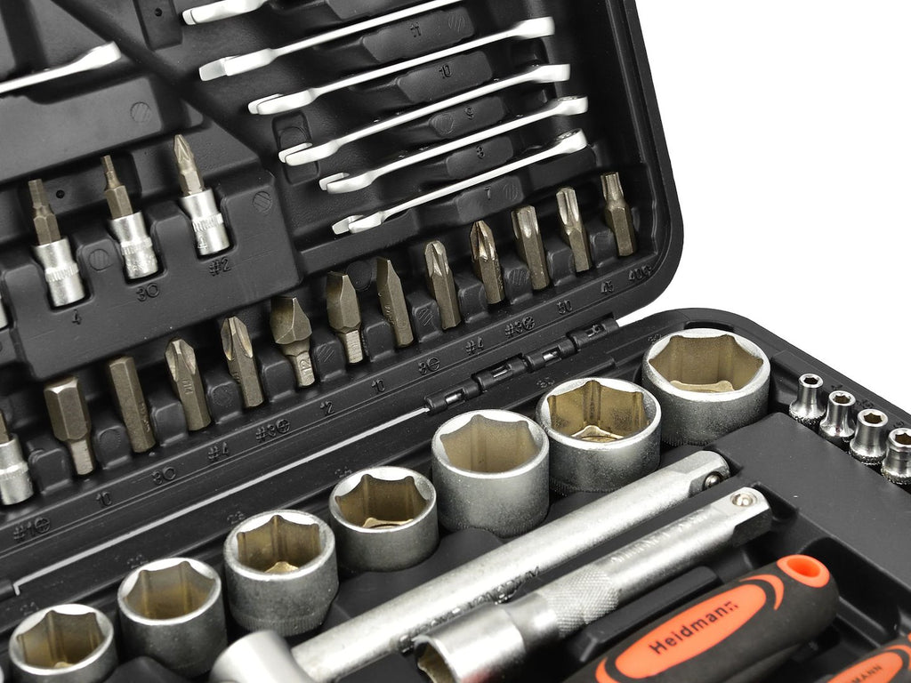 Socket Set with Ratchets, Adapters and Extensions, 1/2 and 1/4 in. Drive, 94 pcs
