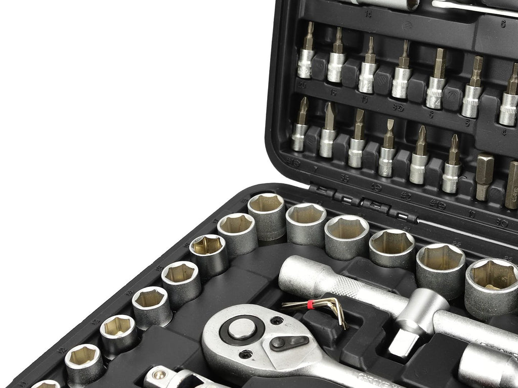 Socket Set with Ratchets, Adapters and Extensions, 1/2 and 1/4 in. Drive, 94 pcs