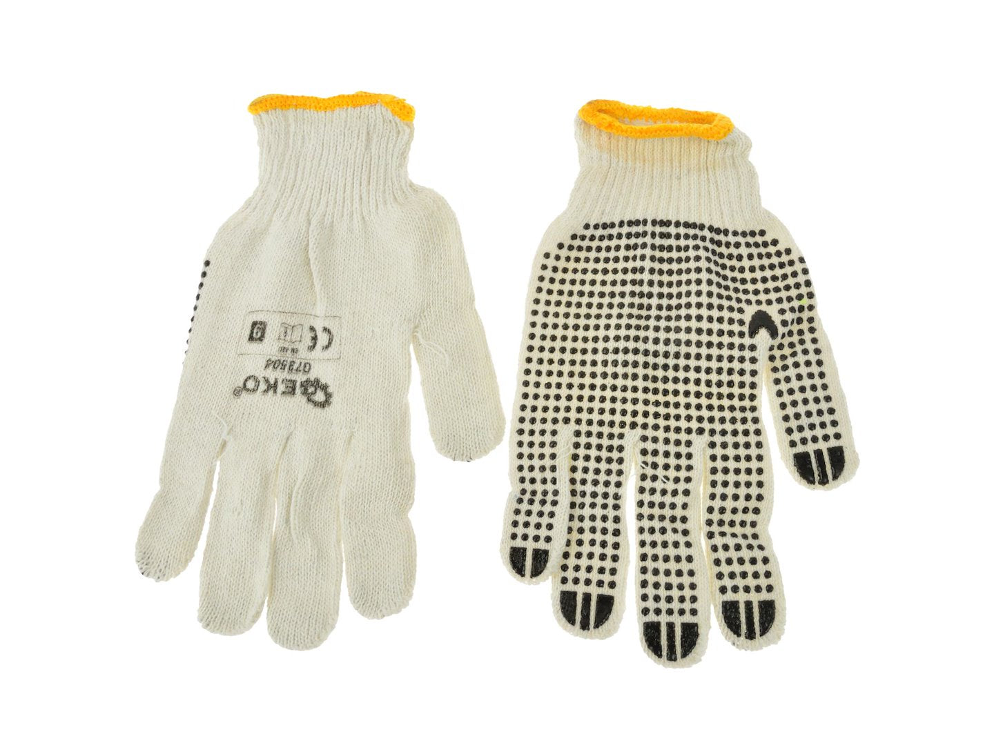 Natural white cotton gloves with black PVC dots – Pack of 12