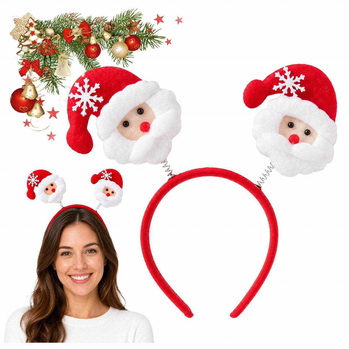 Red Santa Claus Christmas Headband with Spring