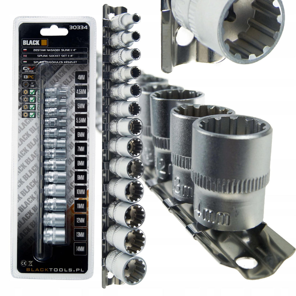 13-Piece 1/4" Spline Socket Set on Rail, 12-Point Cr-V