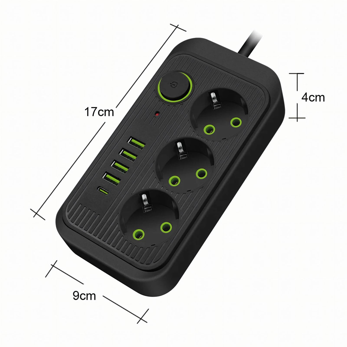 2 m pikendusjuhe 3 pistikupesa ja 5 USB-laadimispordiga, lülitiga RC-K-1852