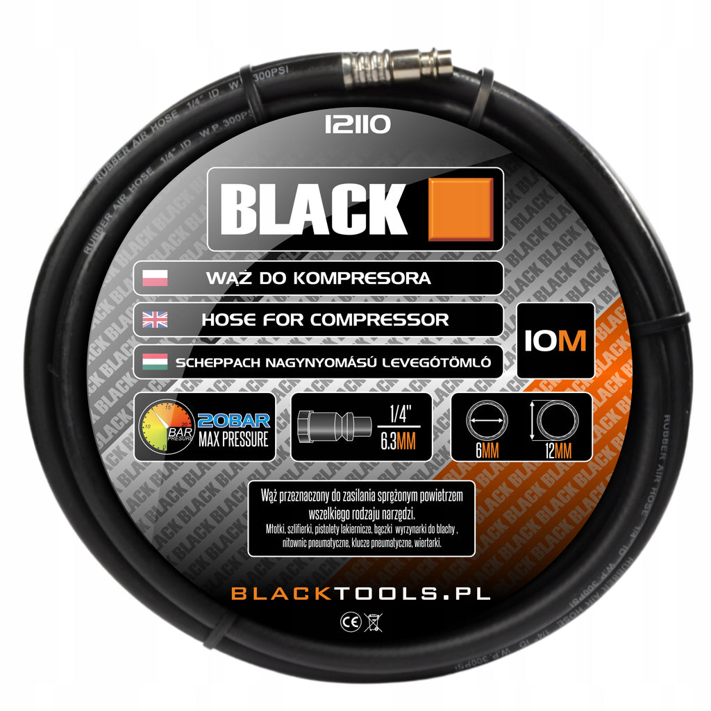 Black 10M 1/4" Rubber Hose Crimped Pneumatic Pipe for Compressor