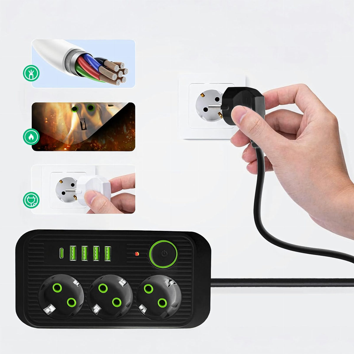 2 m pikendusjuhe 3 pistikupesa ja 5 USB-laadimispordiga, lülitiga RC-K-1852