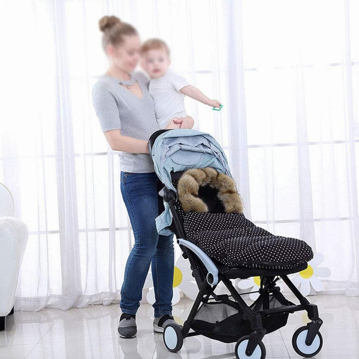 Premium Warm Baby Stroller and Sled Sleeping Bag with Fur Lining 100 x 46 cm Pink with Colorful Flowers