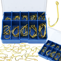 Set of 50 Gold Fishing Hooks with Eye, 10 Sizes, Box Included (VB2)
