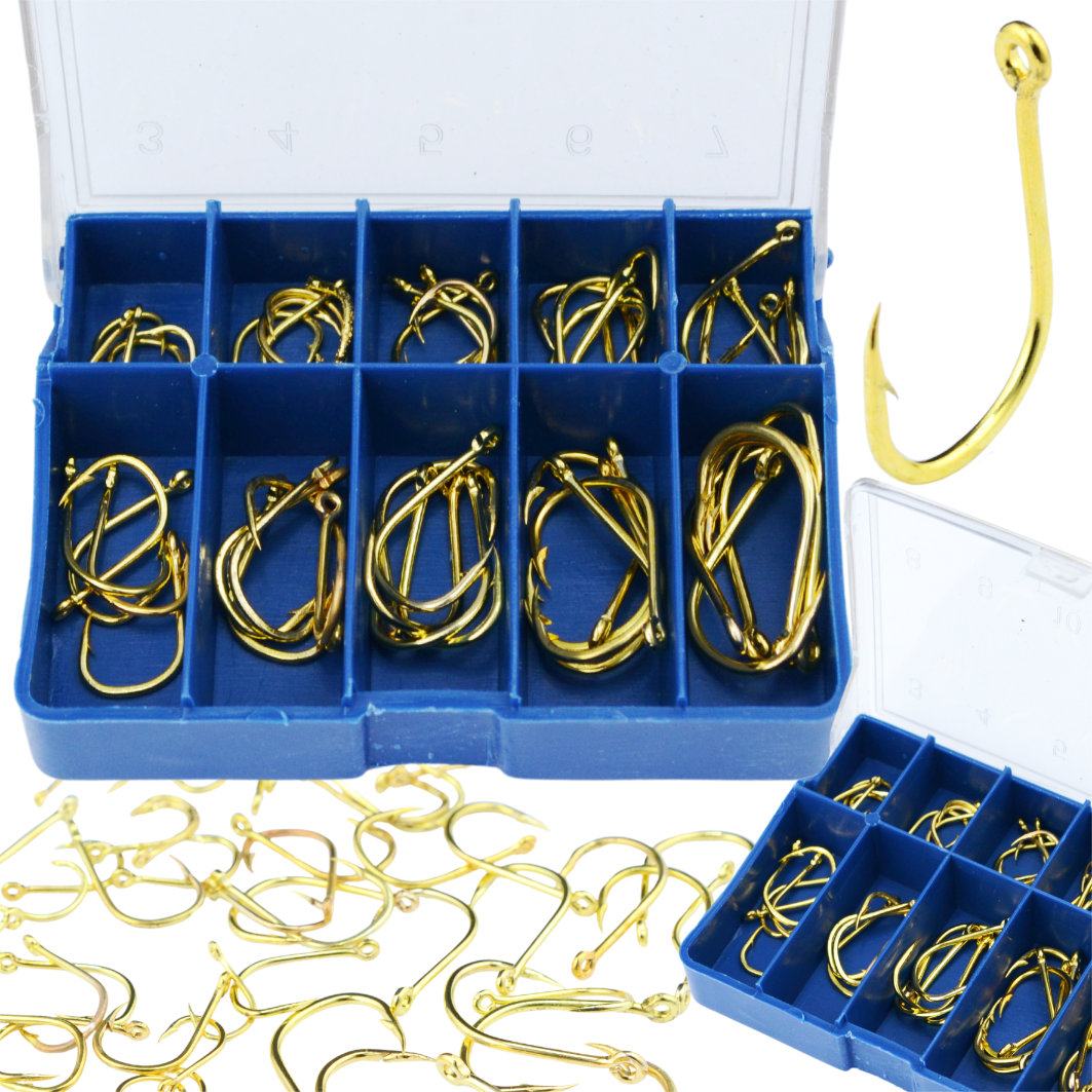 50 tk kuldsete silmaga õngekonksude komplekt, 10 suurust, karp kaasas