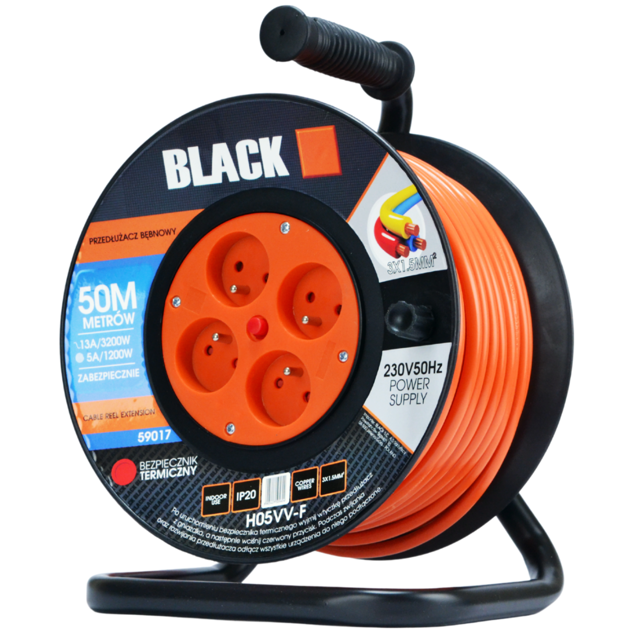 Aia pikendusjuhtme rull Poola bränd 50m 3x1.5 H05VV-F Black rull