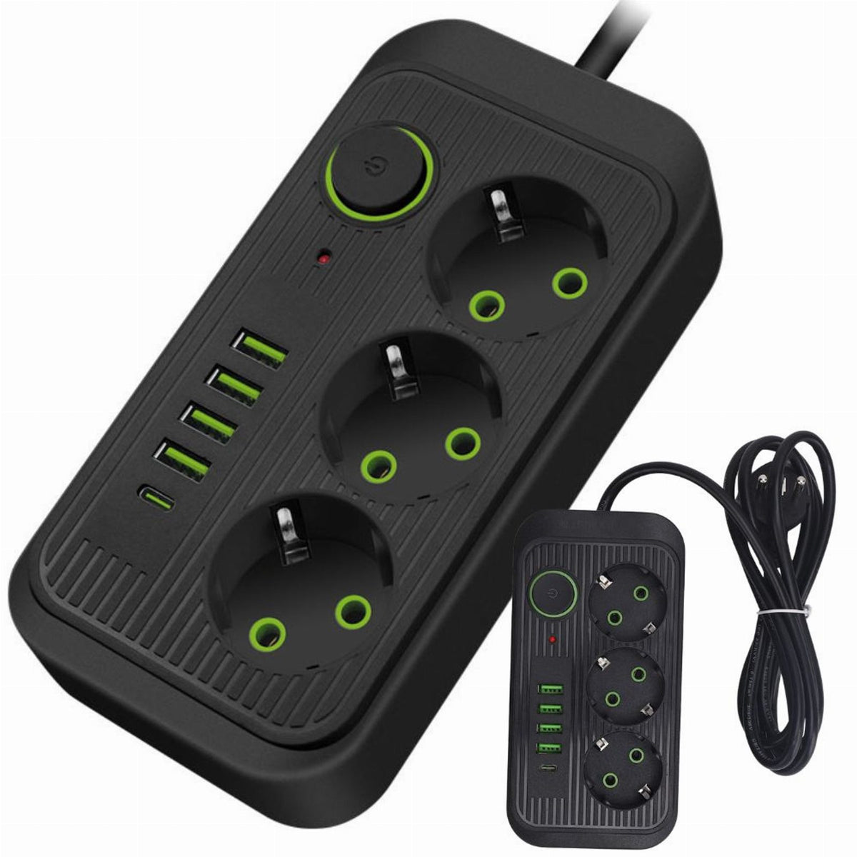 2 m pikendusjuhe 3 pistikupesa ja 5 USB-laadimispordiga, lülitiga RC-K-1852