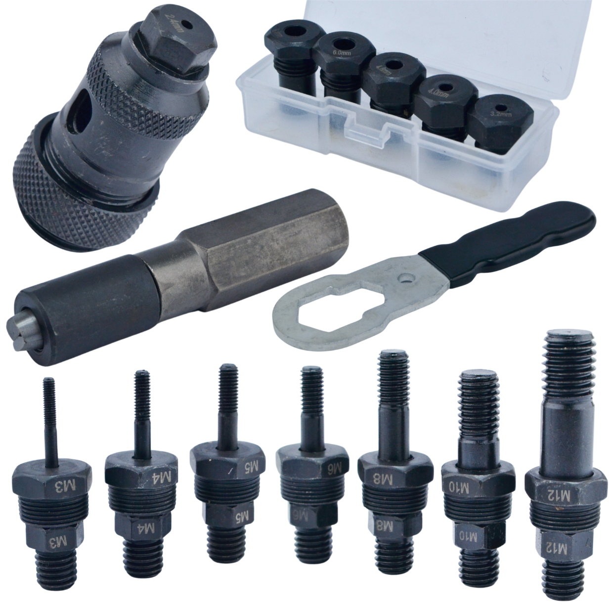 3-ühes neetimispüstol neetmutrite ja neetide jaoks koos 13-osalise adapterikomplektiga kruvikeeraja trellile