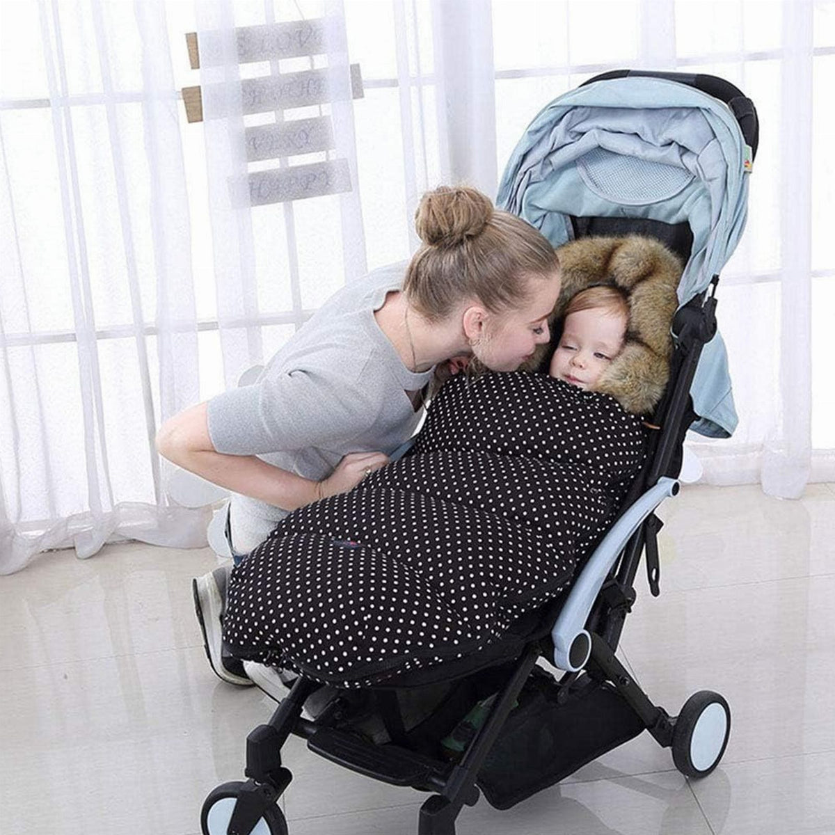 Premium Warm Baby Stroller and Sled Sleeping Bag with Fur Lining 100 x 46 cm Pink with Colorful Flowers