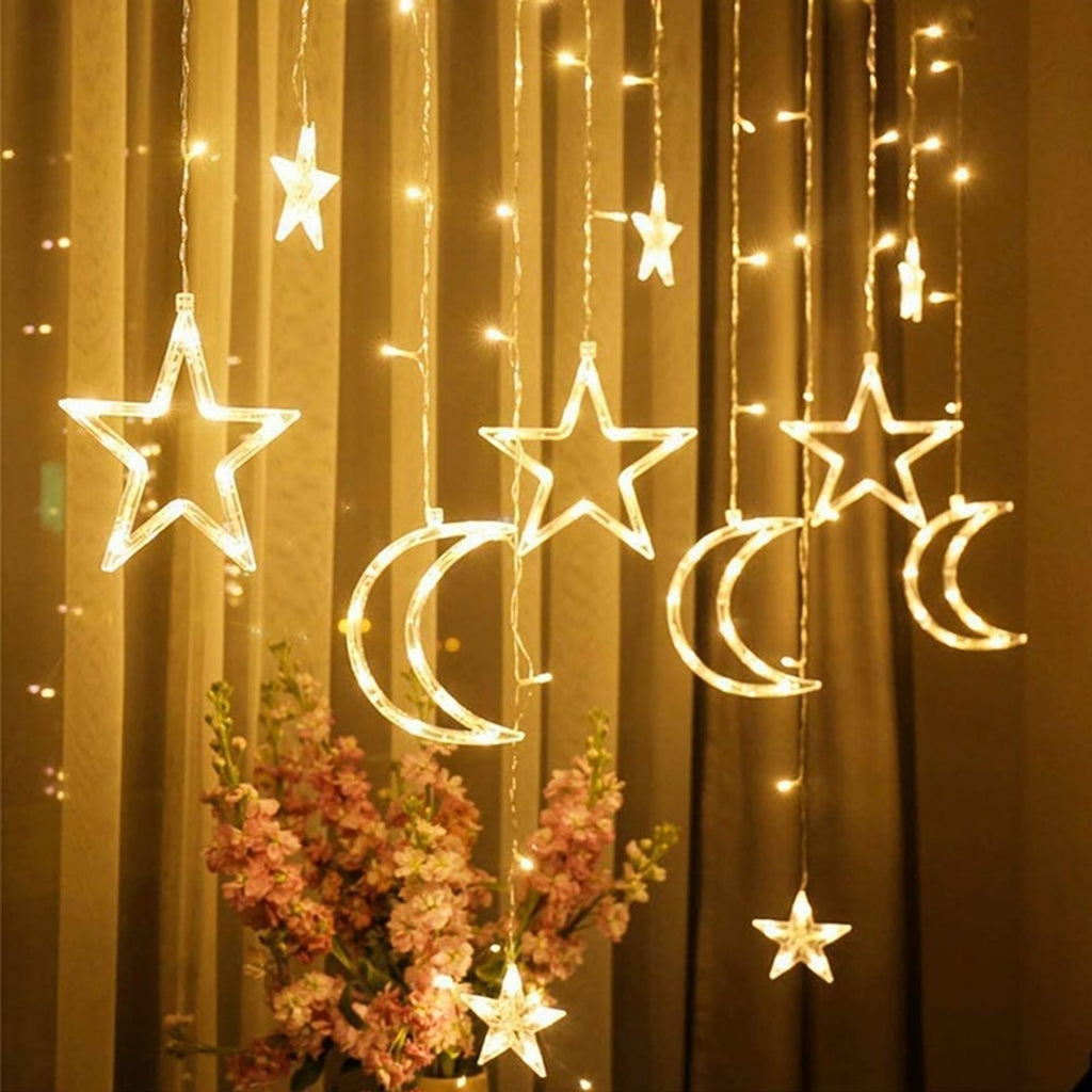 3m LED Star and Moon Curtain String Lights for Christmas Window Decoration