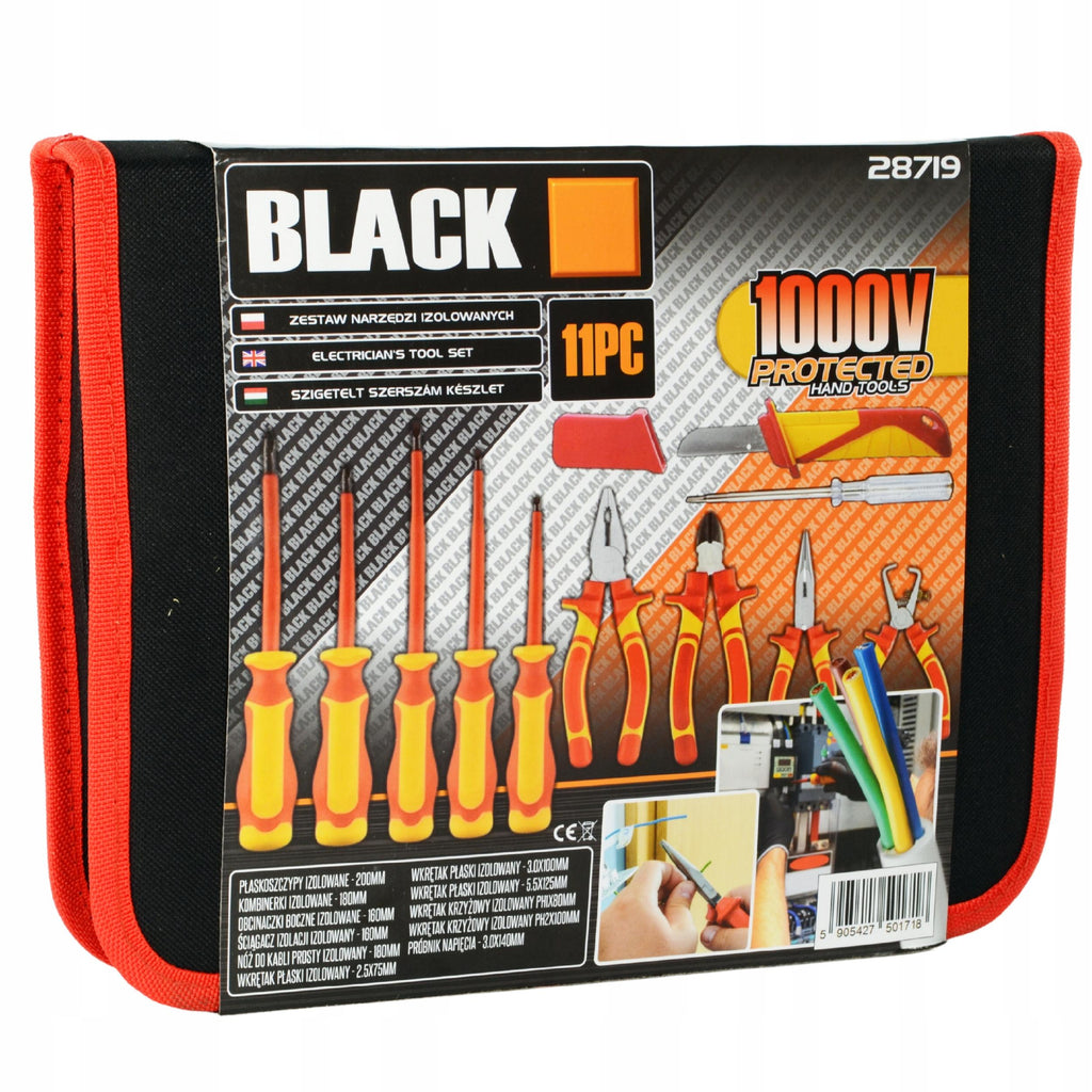 MEGA SET OF 11 INSULATED 1000V TOOLS AND SCREWDRIVERS FOR ELECTRICIANS, BLACK