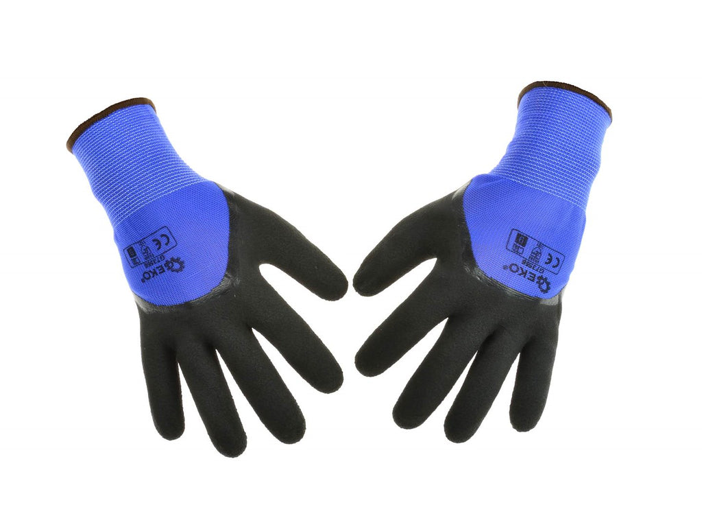 Blue polyester gloves, 3/4 coated with black latex, size 8 – Pack of 12