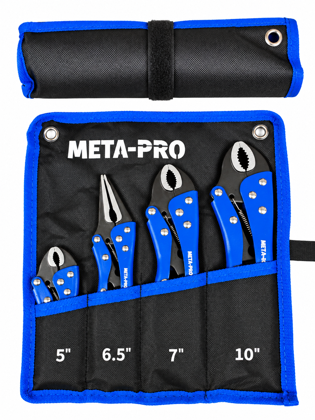 META-PRO 4-osaline lukustustangide komplekt 5″, 6,5″, 7″ ja 10″ koos rullitava tööriistaorganisaatoriga GA1004