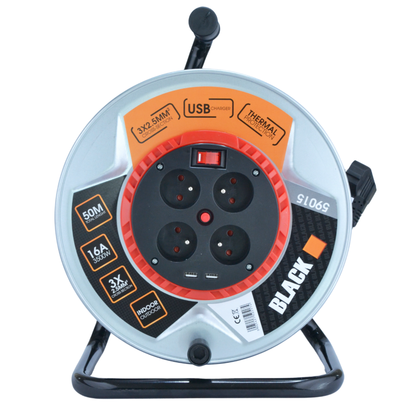 Pikenduskaabel metalltrummel 50m 3x2.5 jäme Black