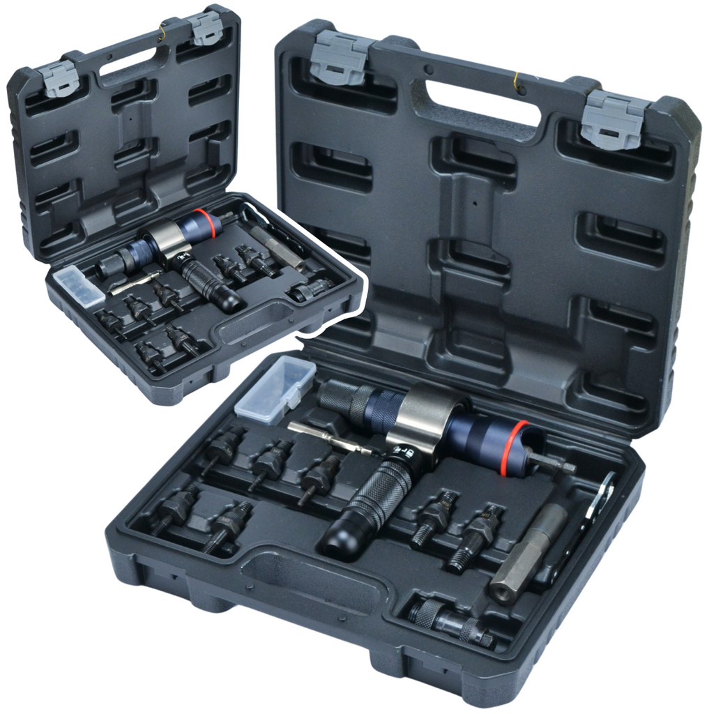 3-ühes neetimispüstol neetmutrite ja neetide jaoks koos 13-osalise adapterikomplektiga kruvikeeraja trellile