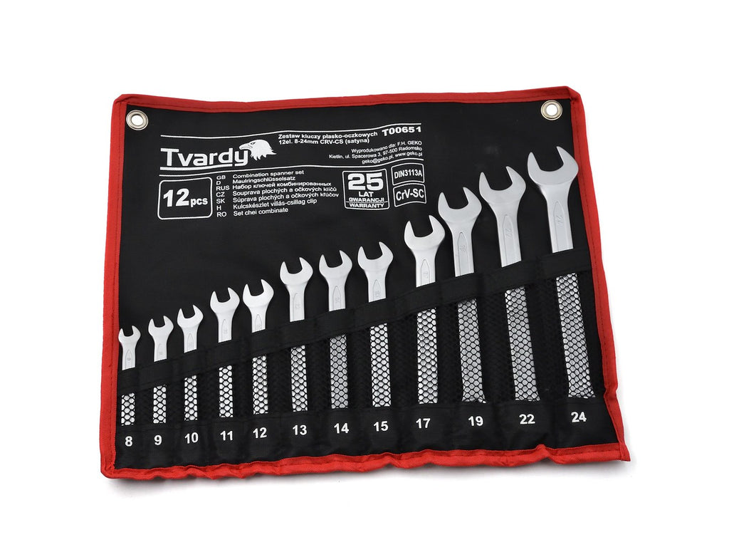 12 pcs Combination spanner set 8-24mm, satin, CRV, cold stamped