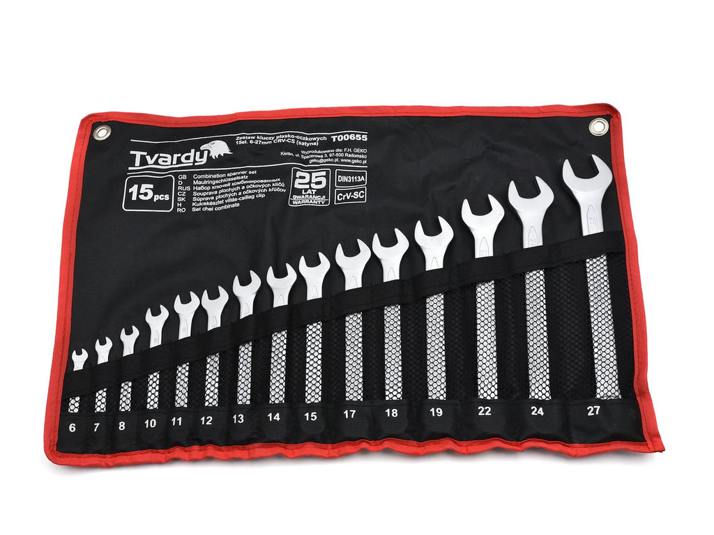 15 pcs Combination spanner set 6-27mm, satin, CRV, Cold stamped