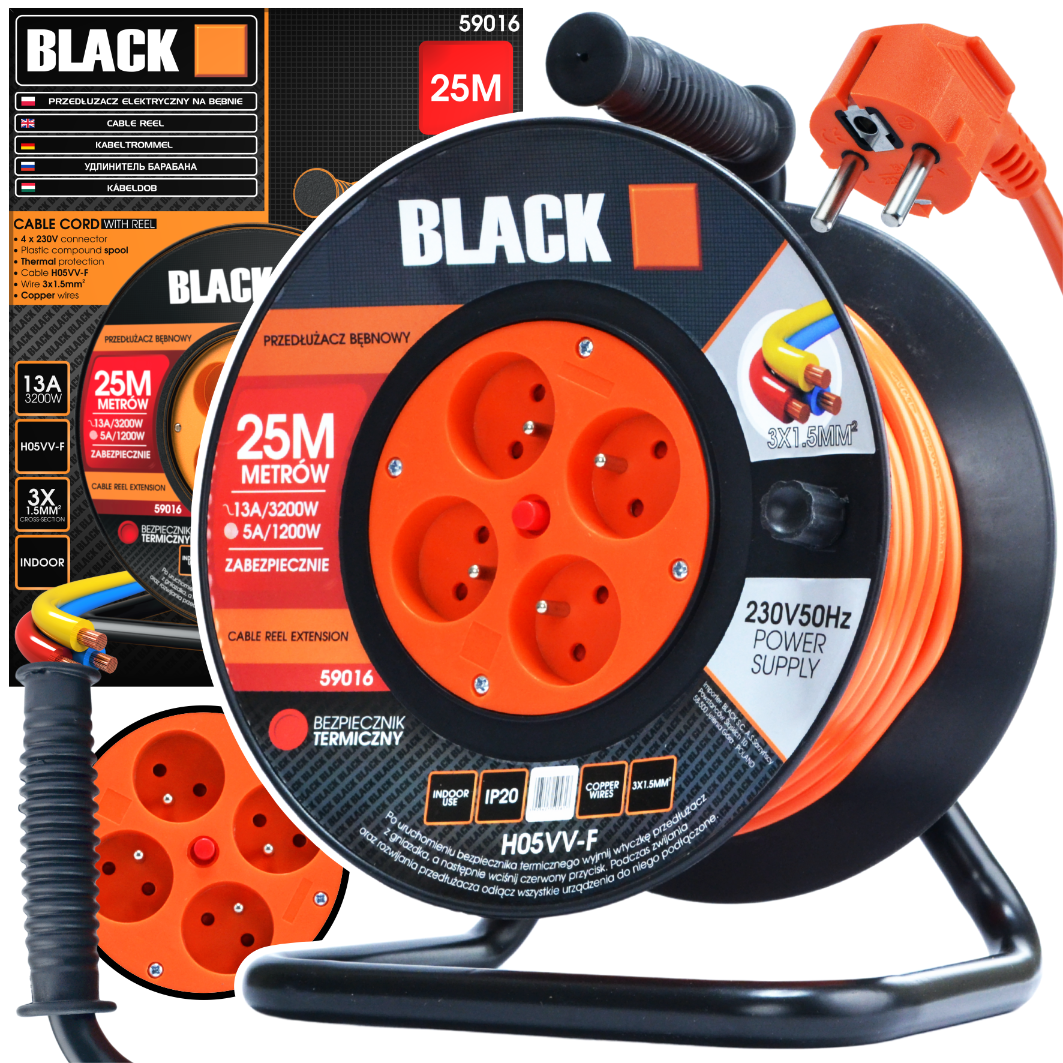 Garden Reel Extension Cord Polish Brand 25m 3x1.5 H05VV-F Black Reel