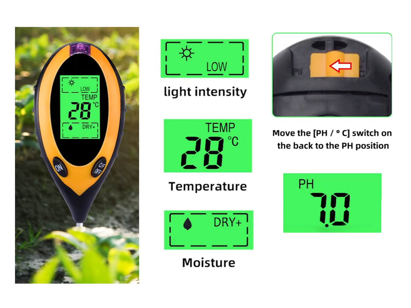 pH meter, lux meter, thermometer and humidity measuring instrument