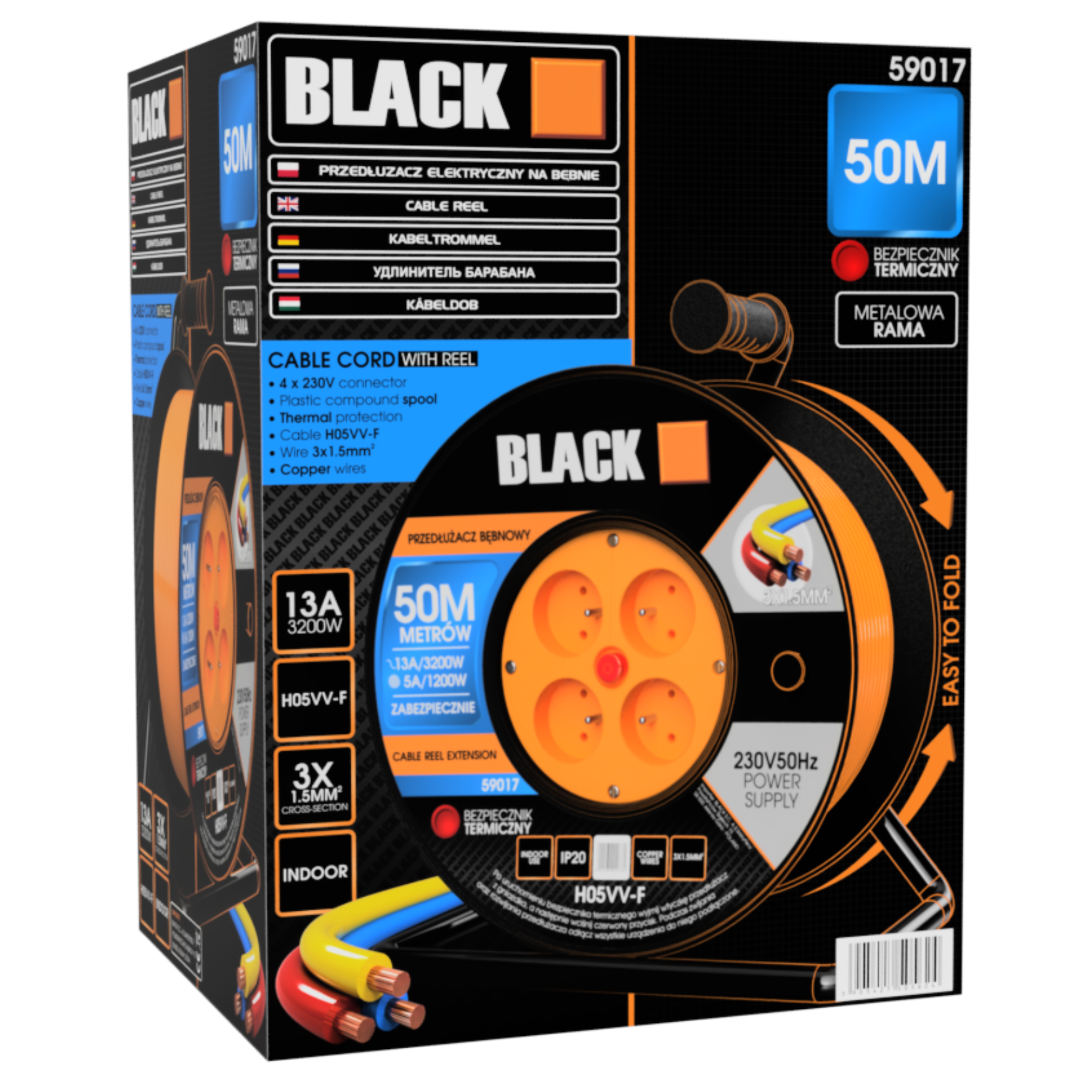 Aia pikendusjuhtme rull Poola bränd 50m 3x1.5 H05VV-F Black rull