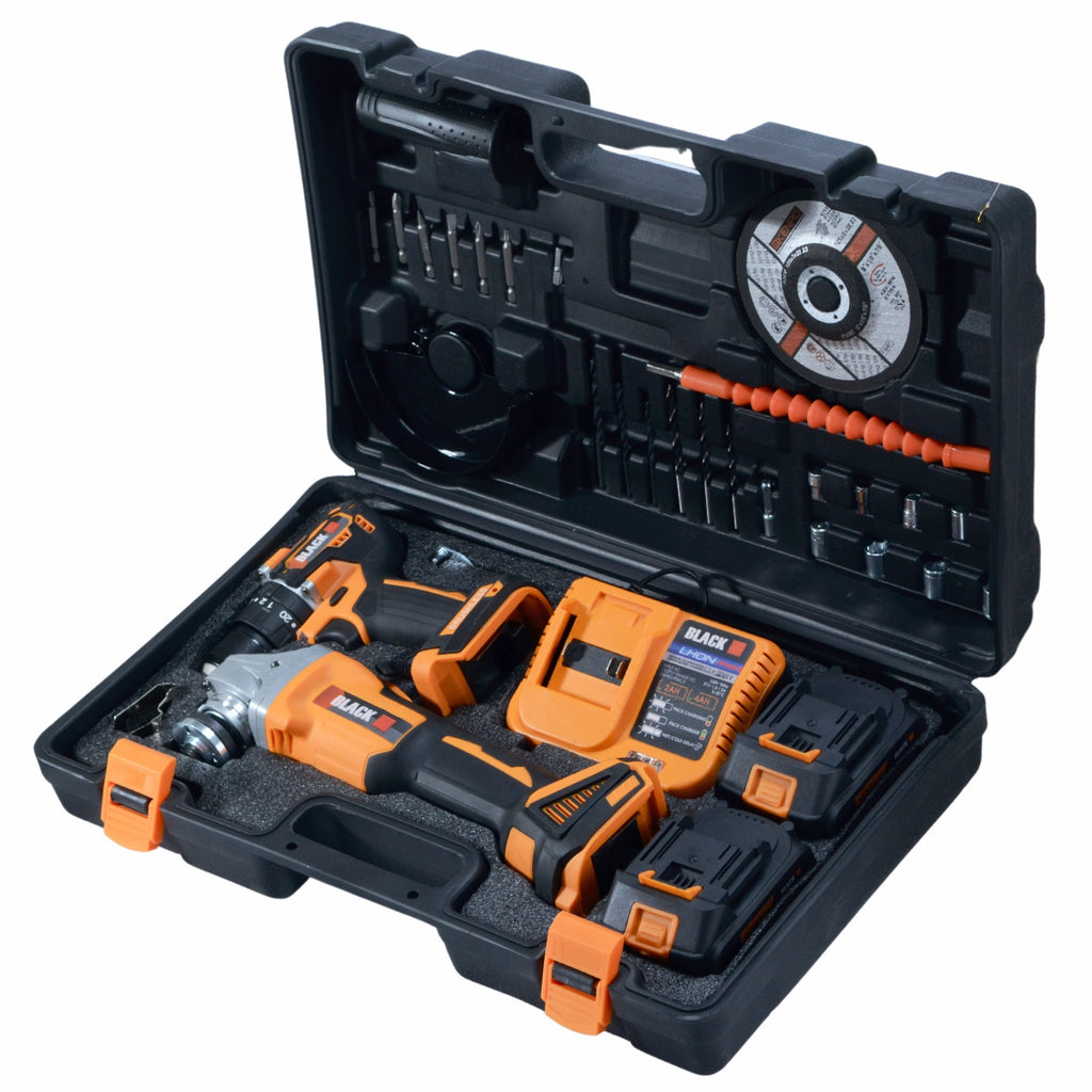 Cordless Tool Set 21V 2-in-1 Grinder and Impact Drill-Driver with 2x 4Ah Batteries, Black