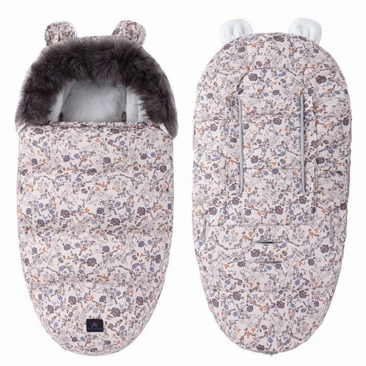 Premium Warm Baby Stroller and Sled Sleeping Bag with Fur Lining 100 x 46 cm Pink with Colorful Flowers