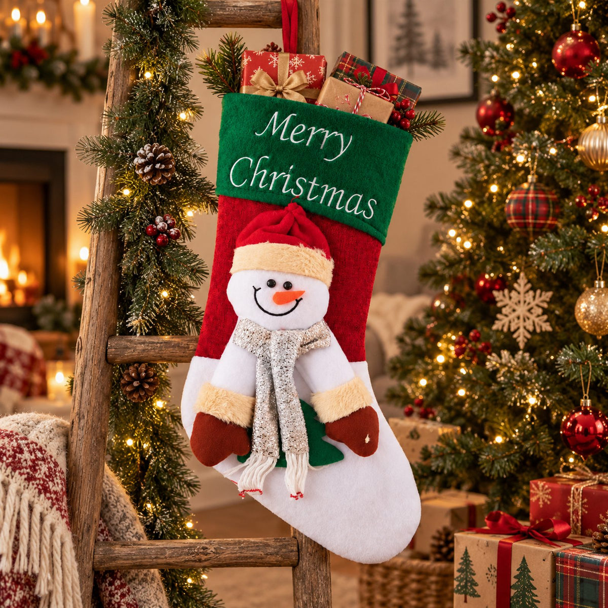 Christmas Stocking Santa Boot with Snowman Bag 1 pc