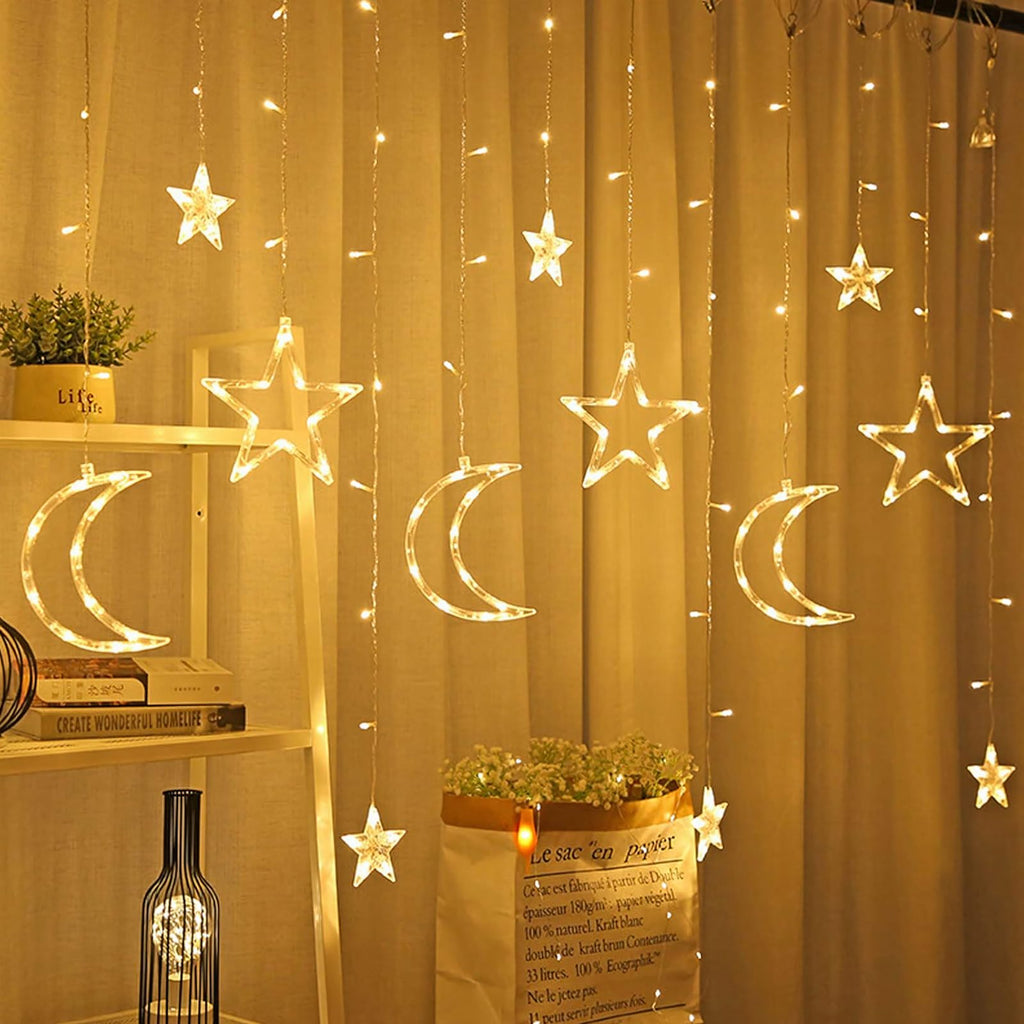3m LED Star and Moon Curtain String Lights for Christmas Window Decoration
