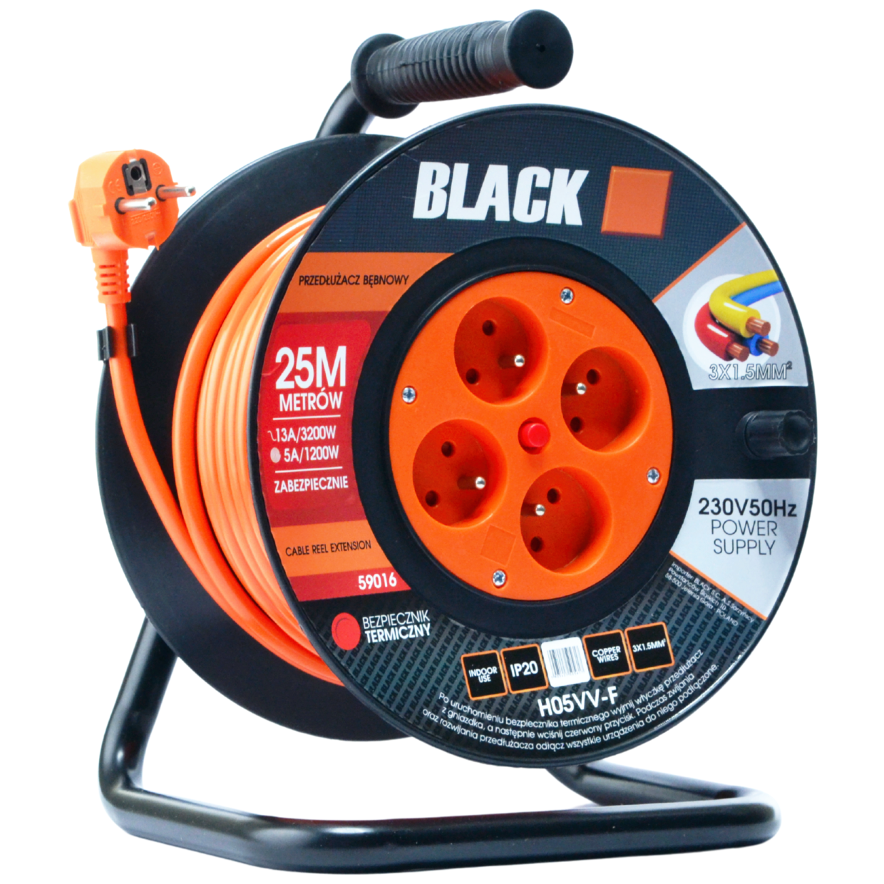 Garden Reel Extension Cord Polish Brand 25m 3x1.5 H05VV-F Black Reel