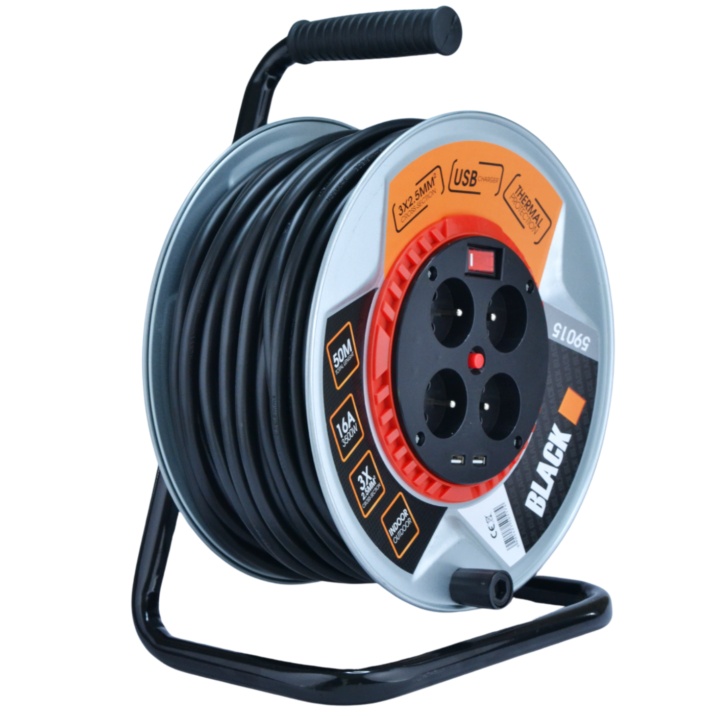 Pikenduskaabel metalltrummel 50m 3x2.5 jäme Black