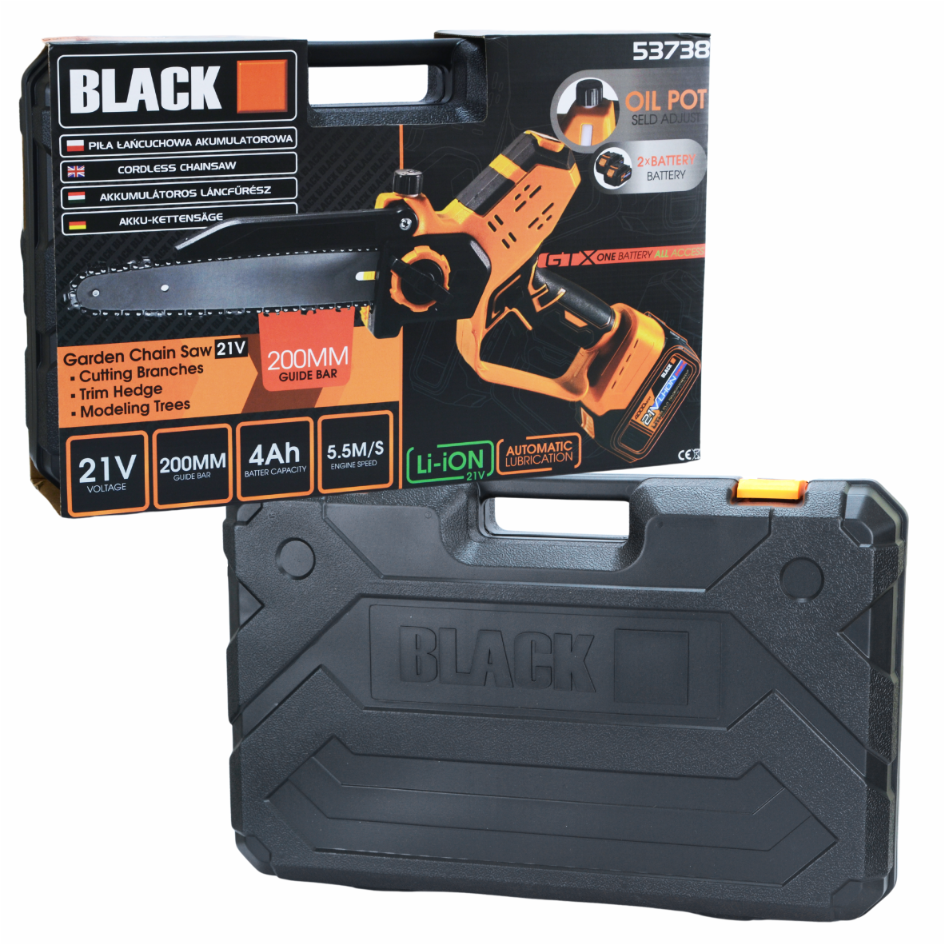 Cordless Chainsaw 200mm 21V 4Ah with 2 Batteries and Lubrication