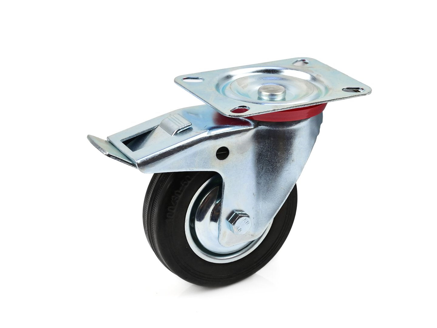 Swivel caster wheel with plate and brake, 100 mm