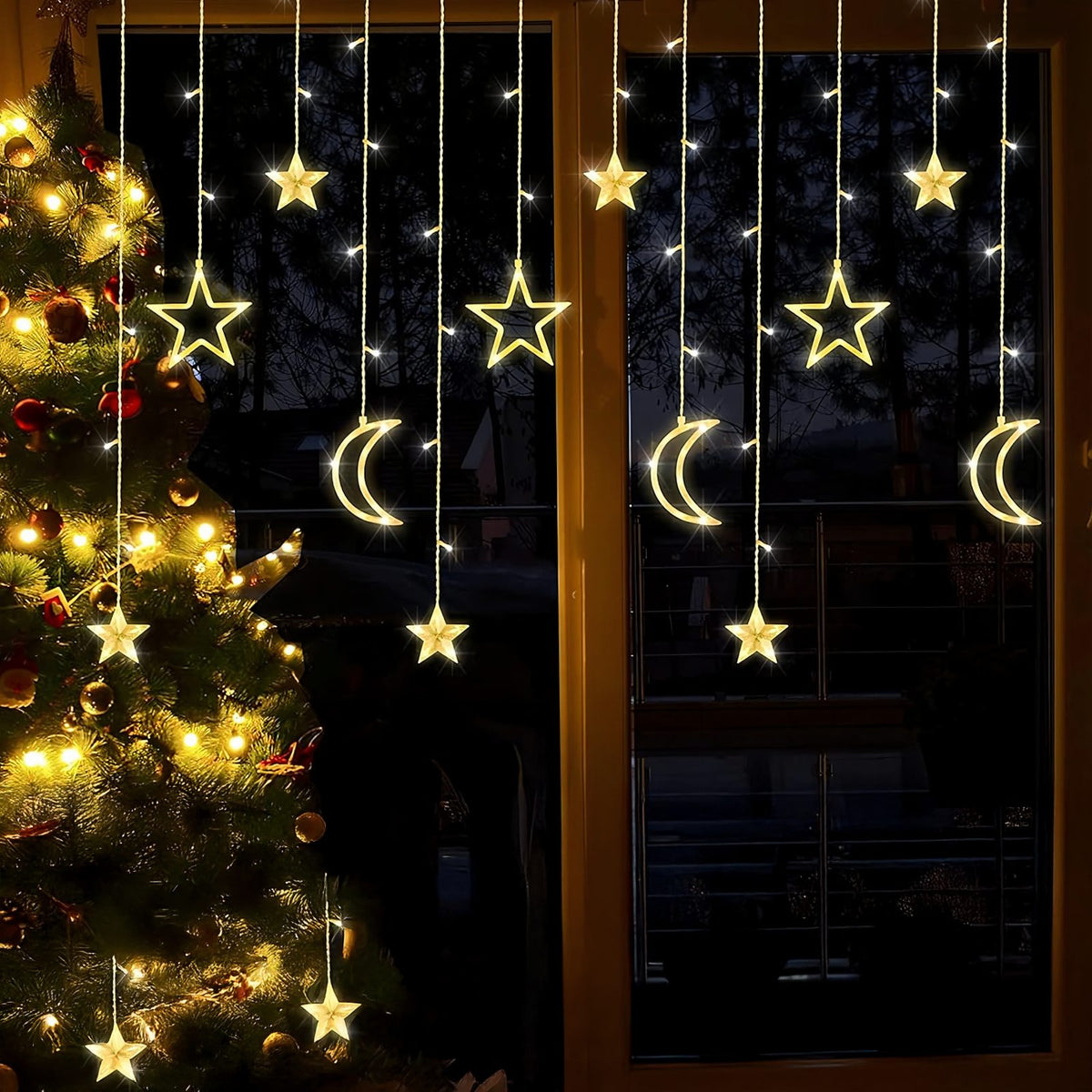 3m LED Star and Moon Curtain String Lights for Christmas Window Decoration