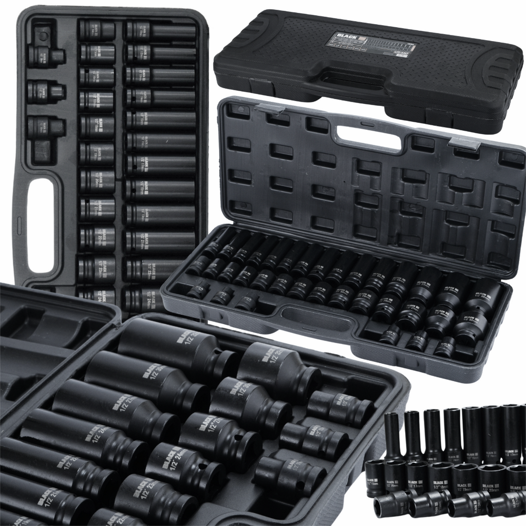 Large Set of 35 Impact Sockets 8-32mm 1/2" Hexagon Black CrMo in Case