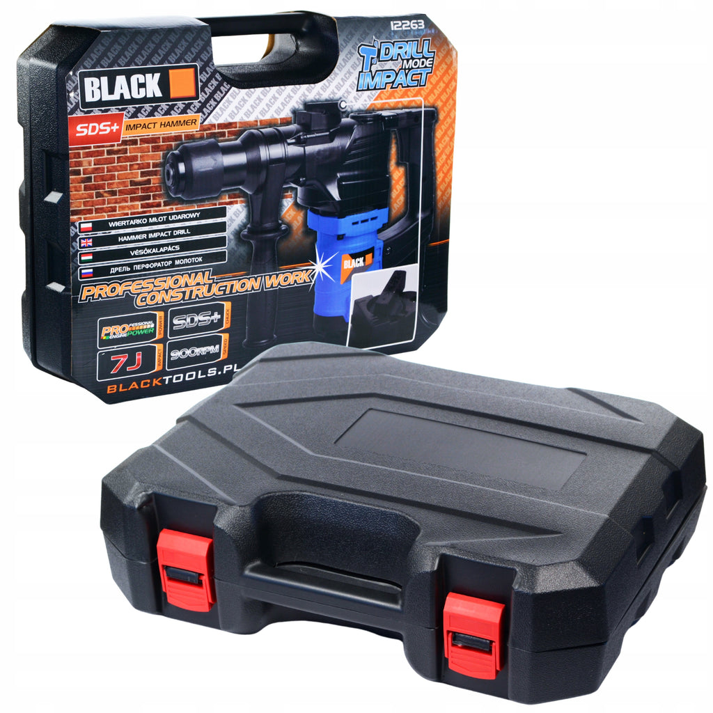 Impact Rotary Hammer SDS+ with Case, 3 Drill Bits, and Chisels – Black