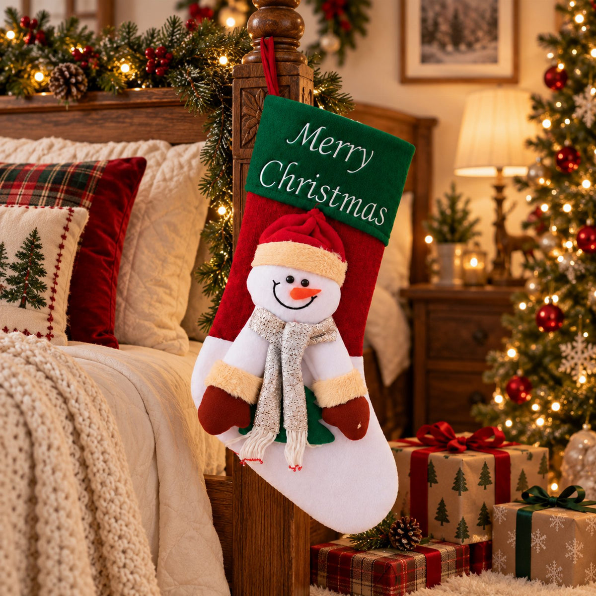 Christmas Stocking Santa Boot with Snowman Bag 1 pc