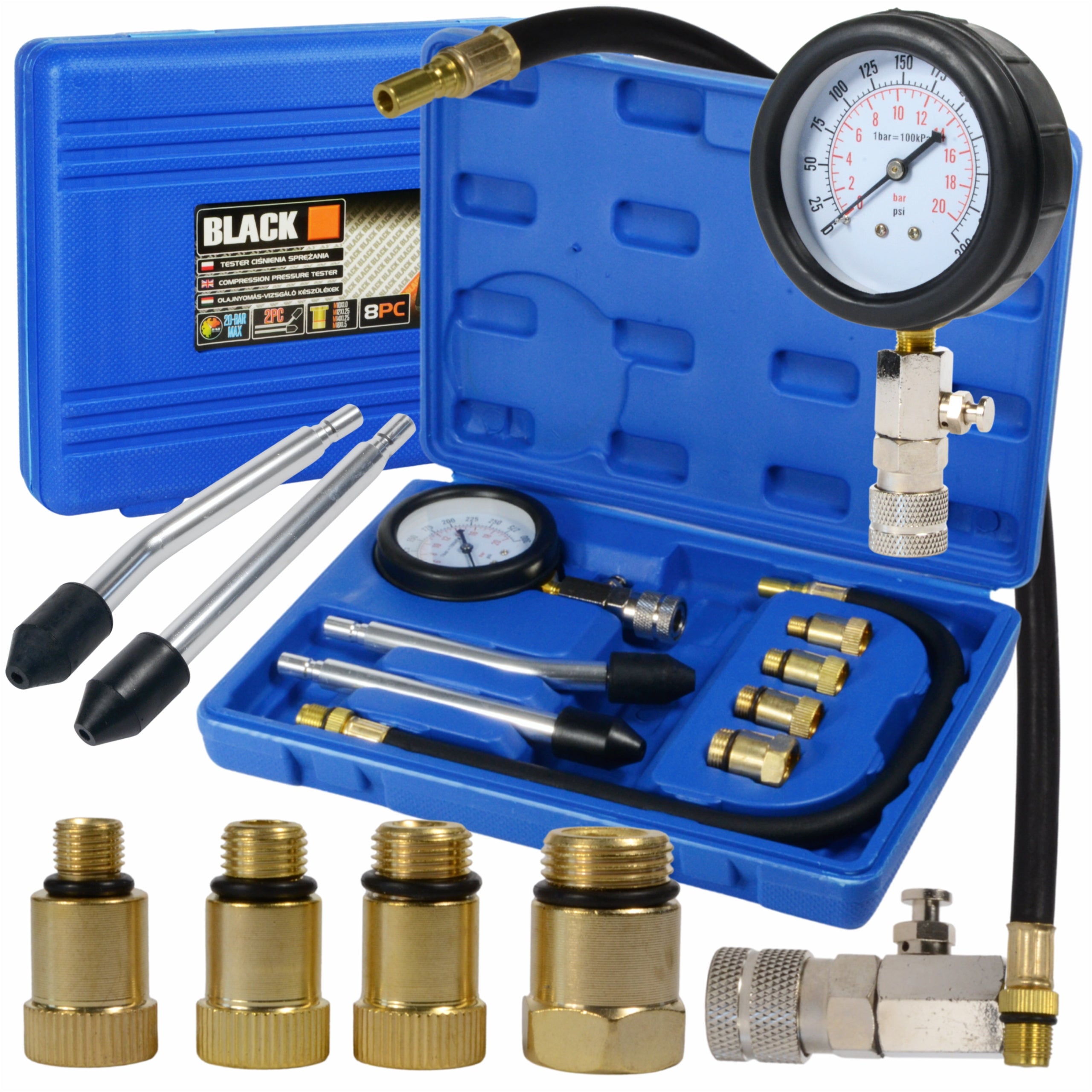 Blacktools bensiinimootori kompressioonirõhu tester 0–20 bar 27510