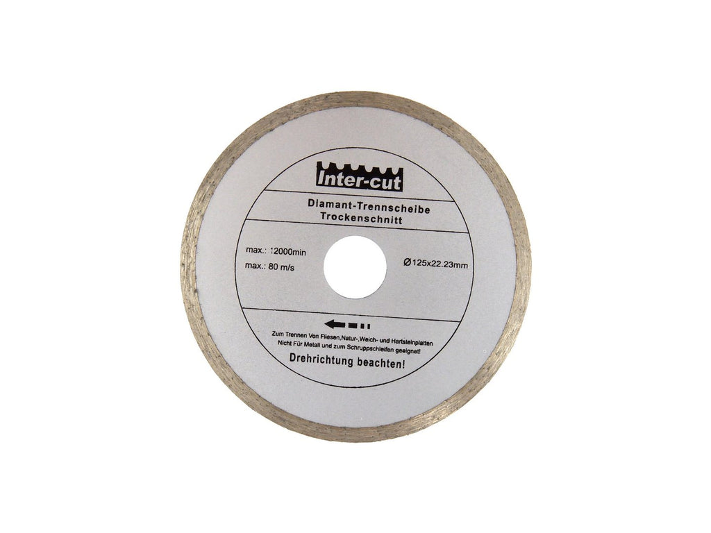Continuous Rim Diamond Blade 125x22 mm — technical data lists 180 mm diameter, 22.2 mm hole