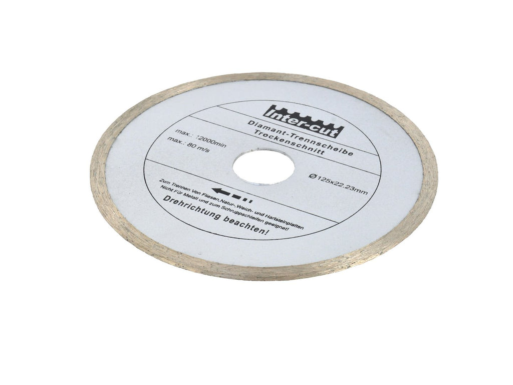 Continuous Rim Diamond Blade 125x22 mm — technical data lists 180 mm diameter, 22.2 mm hole