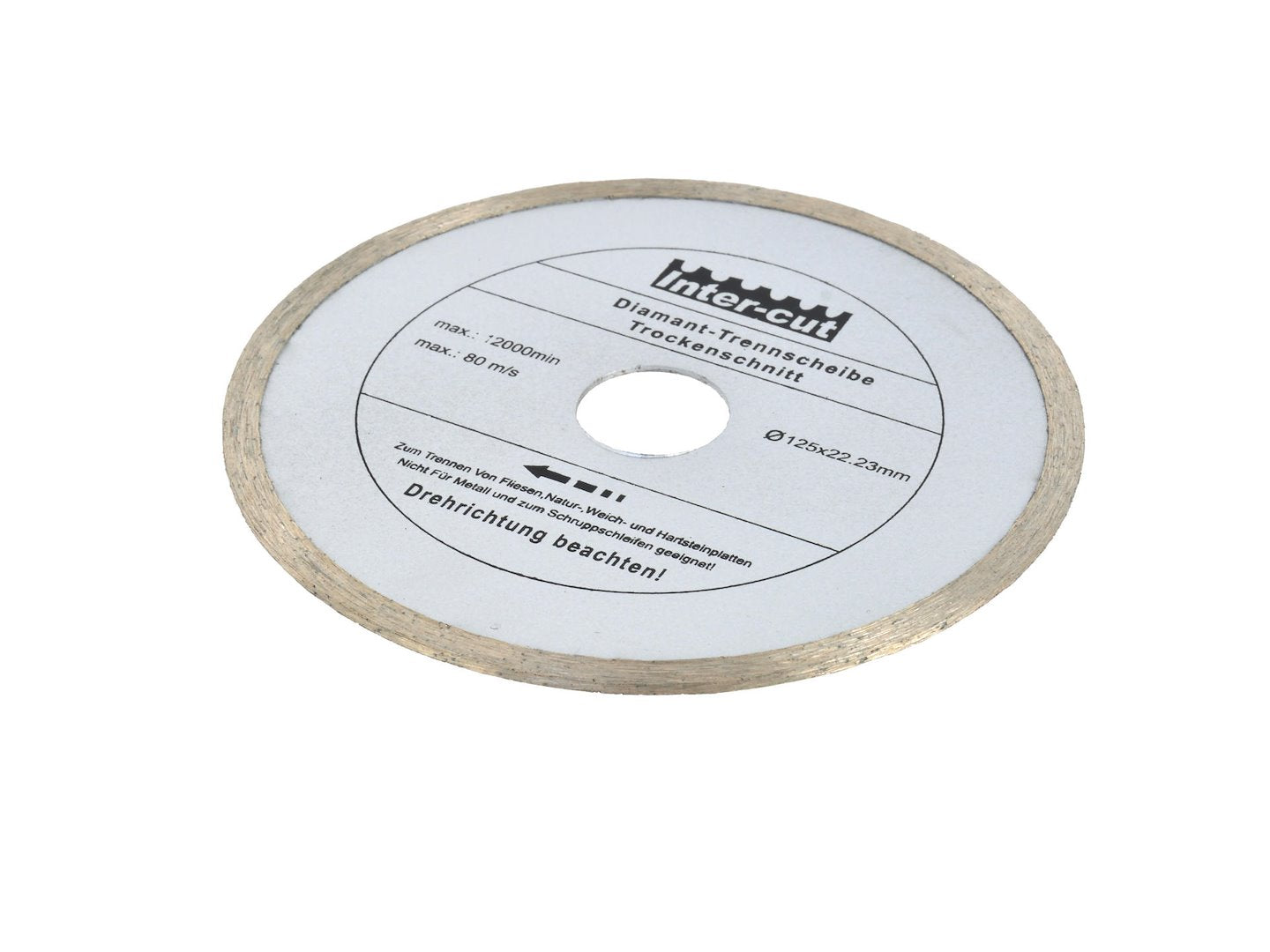 Continuous Rim Diamond Blade 125x22 mm — technical data lists 180 mm diameter, 22.2 mm hole
