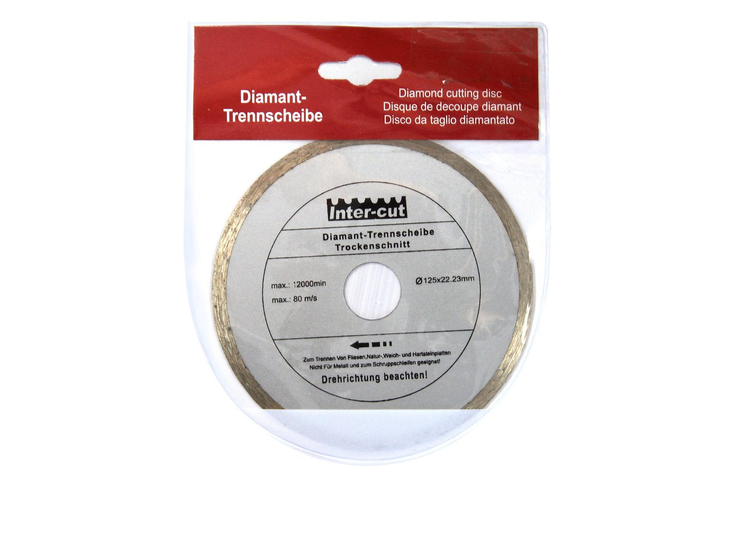 Continuous Rim Diamond Blade 125x22 mm — technical data lists 180 mm diameter, 22.2 mm hole