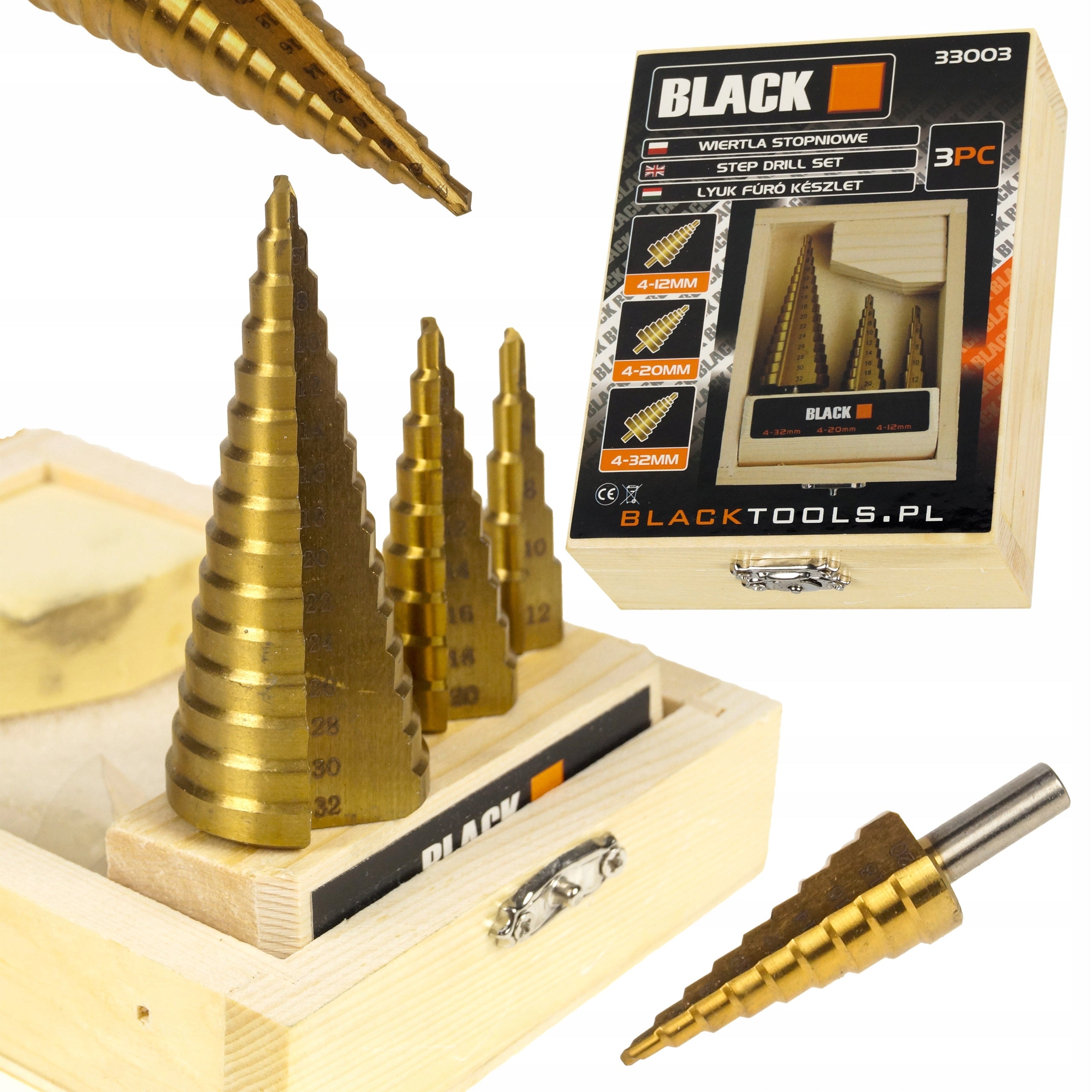 Titaanist HSS kooniline astmepuuride komplekt, 3 tk, 4-32mm