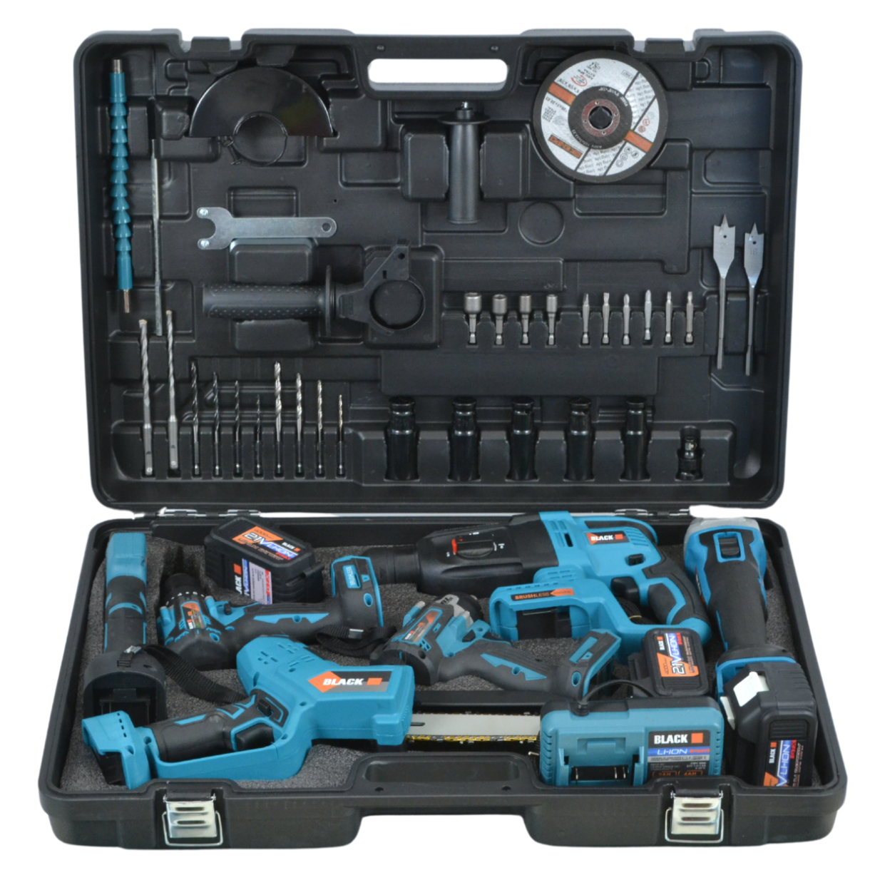 21V juhtmeta 6-ühes tööriistakomplekt: haamer, mutrivõti, lihvija, kruvikeeraja, saag, oksalõikur