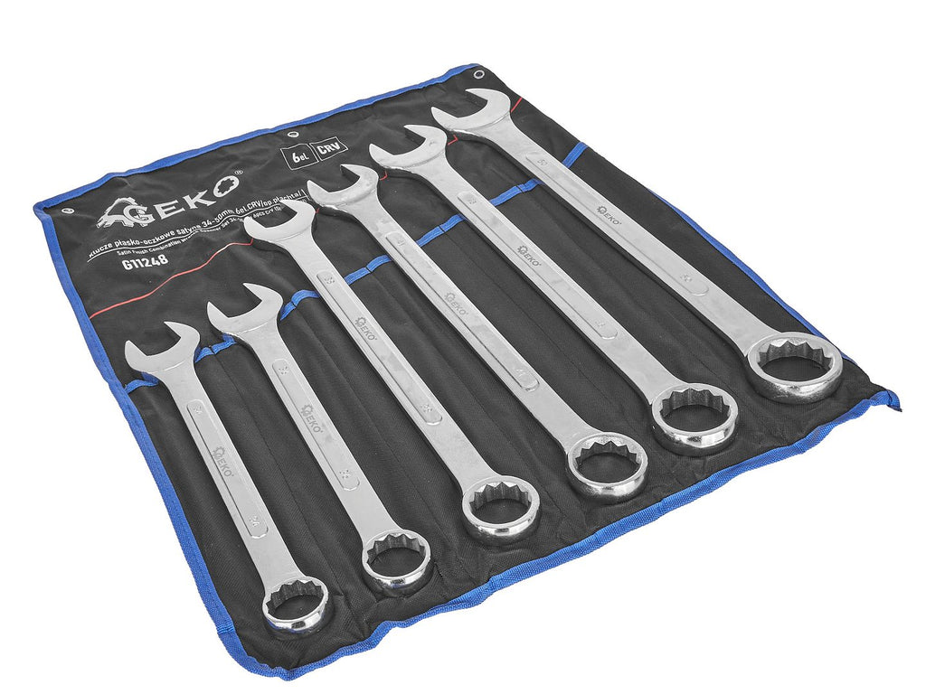 Satin-Finish Combination Wrench/Spanner Set 34-50 mm, 6 pcs, CrV (Storage Roll)