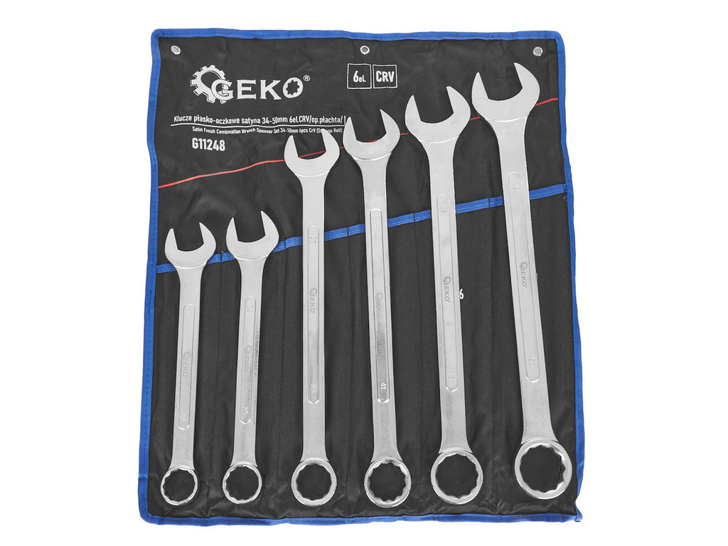 Satin-Finish Combination Wrench/Spanner Set 34-50 mm, 6 pcs, CrV (Storage Roll)