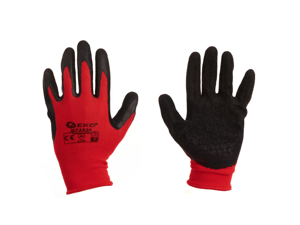 Cotton Work Gloves, Size 7, Crinkled Latex Palm Coating, Knit Wrist (Red) – Pack of 12